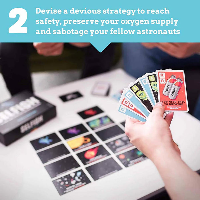 Board game with cards and game pieces on a table, text overlay about strategy.