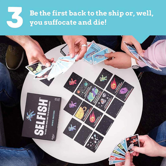 People playing a card game around a table with game cards and a box labeled 'Selfish'.