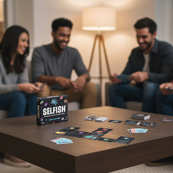 A board game called SELFISH is displayed on a wooden table in a cozy living room setting, with its box standing upright and several cards spread out. Two men and a woman are seated in the background, smiling and holding game controllers, creating a warm and engaging atmosphere.