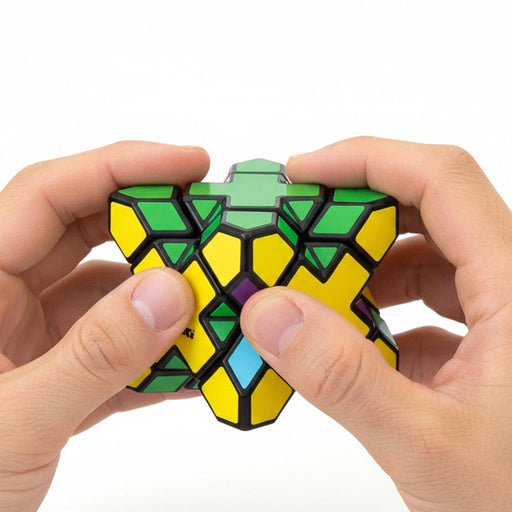 Hands holding a geometric puzzle with green, yellow, and purple colors on a white background