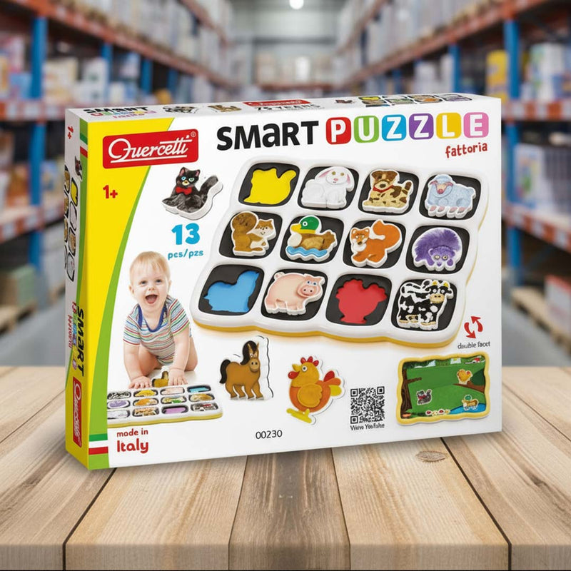 Quercetti Smart Puzzle box on a wooden surface with warehouse background