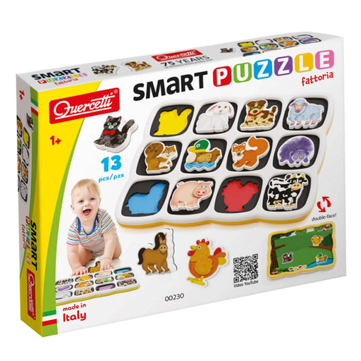 Quercetti Smart Puzzle Fattoria packaging with animal illustrations and a baby on a white background