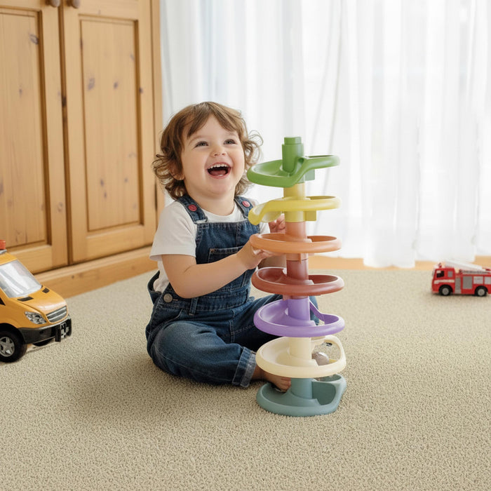 Child playing with a colorful toy on the floor in a room with wooden cabinets and toys.