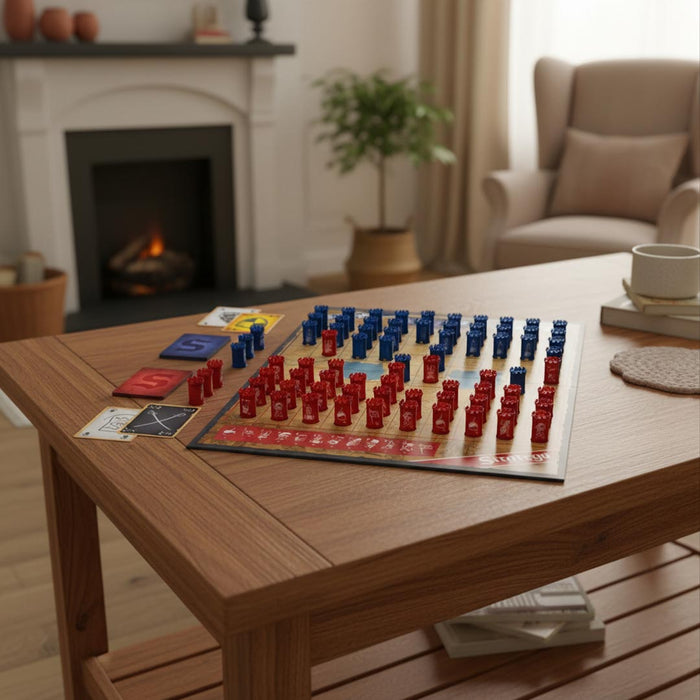 Board game box titled 'Strategy' with historical illustrations on a livingroom  background