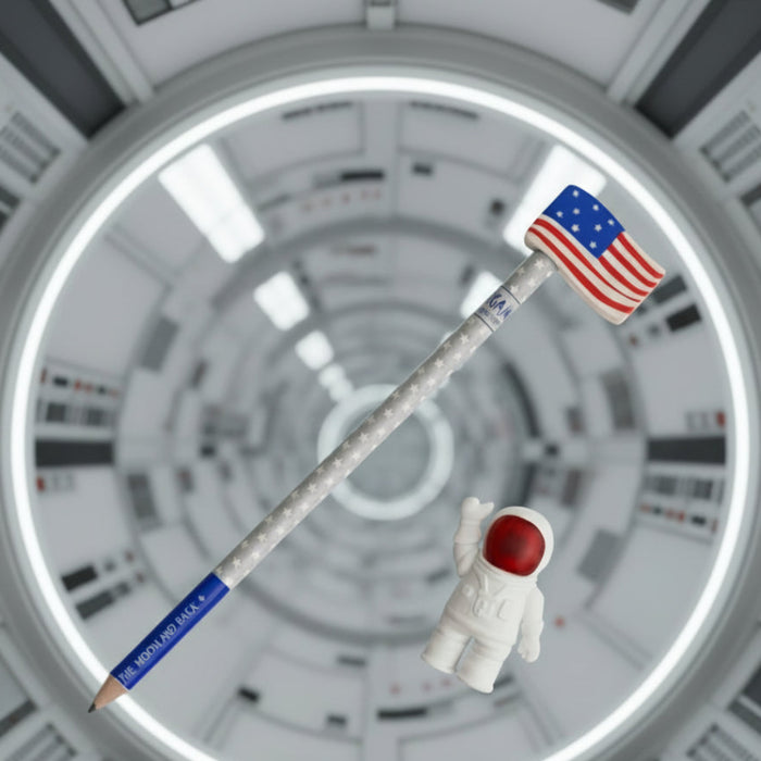 Pencil with American flag and astronaut figure inside a space station.