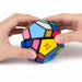 Colorful geometric puzzle being held by hands on a white background