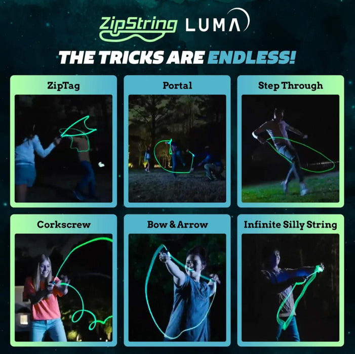 Promotional graphic for the ZipString Luma light-up jump rope, featuring six demonstration panels labeled ZipTag, Portal, Step Through, Corkscrew, Bow & Arrow, and Infinite Silly String, with people shown jumping in dark outdoor settings under glowing green and blue lights.