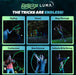 Promotional graphic for the ZipString Luma light-up jump rope, featuring six demonstration panels labeled ZipTag, Portal, Step Through, Corkscrew, Bow & Arrow, and Infinite Silly String, with people shown jumping in dark outdoor settings under glowing green and blue lights.