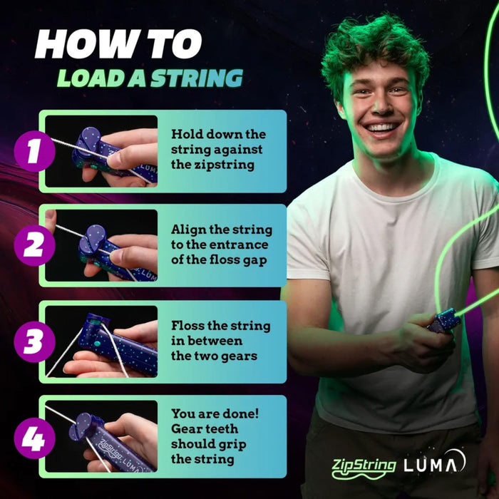 ZipString LUMA product with glowing strings on a dark background