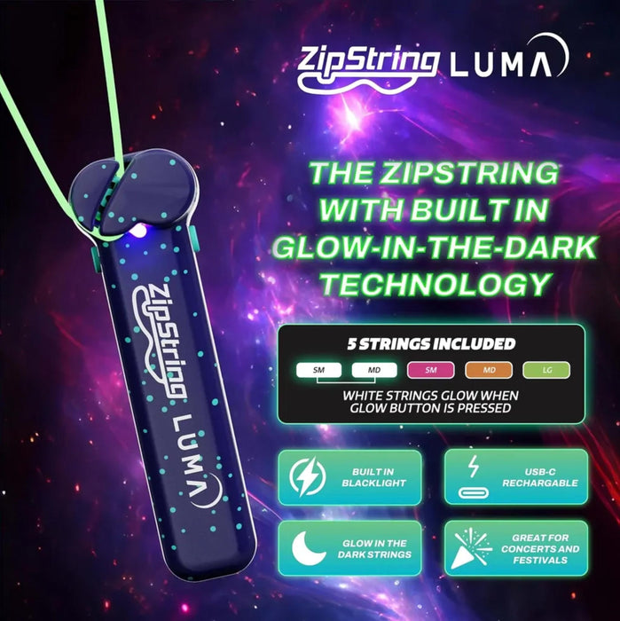 ZipString LUMA product with glowing strings on a dark background