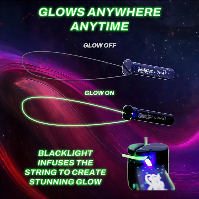ZipString LUMA product with glowing strings on a dark background