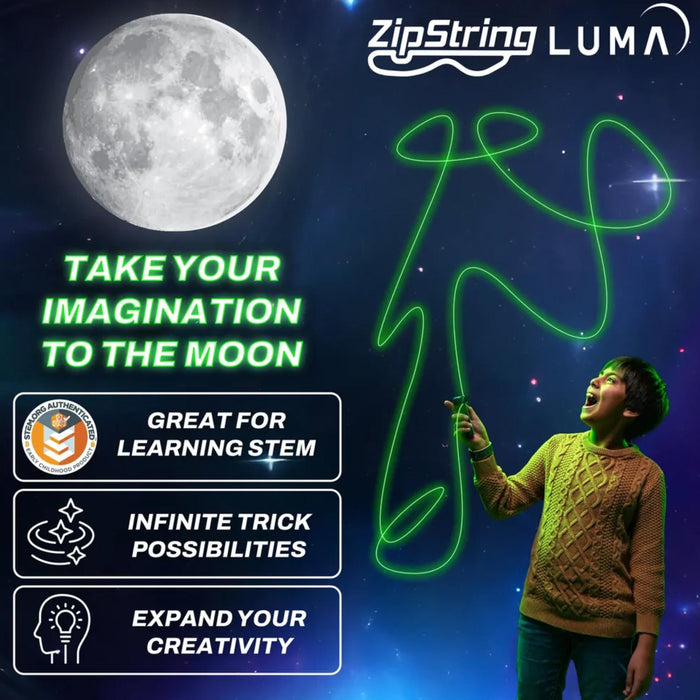 A promotional graphic for the ZipString Luma magic light-up string toy. It features a child drawing a glowing green outline of a person against a starry night sky, with a large moon graphic and product feature callouts on the left.