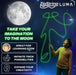 A promotional graphic for the ZipString Luma magic light-up string toy. It features a child drawing a glowing green outline of a person against a starry night sky, with a large moon graphic and product feature callouts on the left.