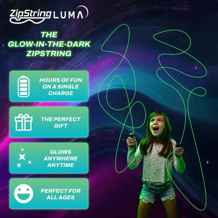 ZipString LUMA product with glowing strings on a dark background