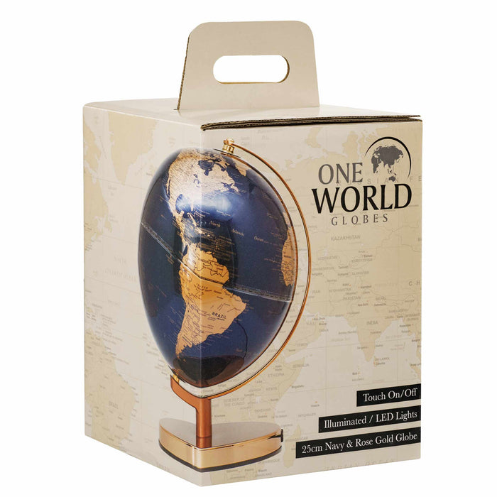 Rose Gold / Navy Illuminated LED World Globe 25cm