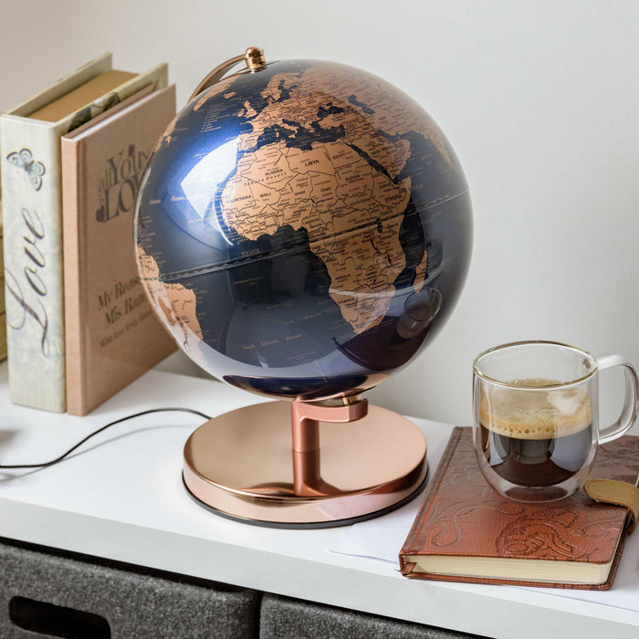 Rose Gold / Navy Illuminated LED World Globe 25cm