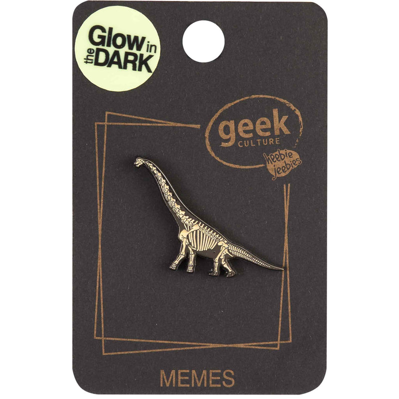 brachiosaurus glowing dinosaur skeleton enamel pin on packaging front on