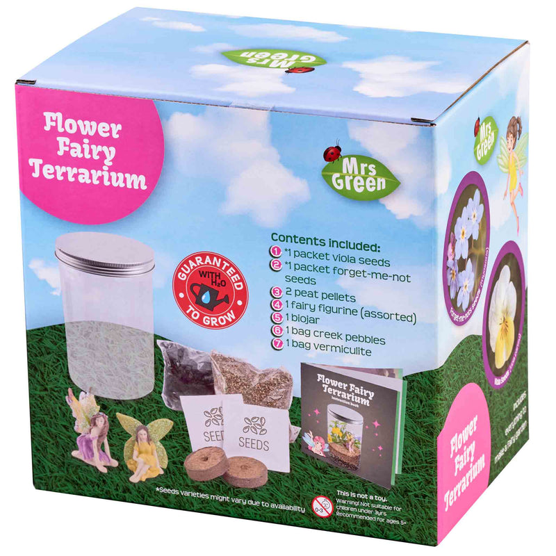  fairy terrarium kit  The package shows a clear glass jar with a silver lid, colorful soil, and small illustrated fairies, with the text 'Flower Fairy Terrarium' and 'In the Green'.