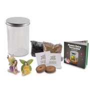  fairy terrarium kit  The package shows a clear glass jar with a silver lid, colorful soil, and small illustrated fairies