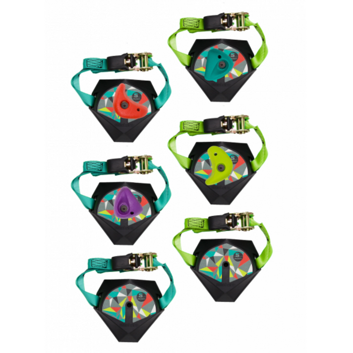 Packaging and components of Slackers Tree Climbers kit including base plates, ratchet straps, and climbing holds, displayed on a white background.