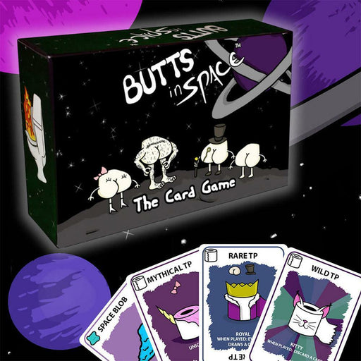 butts in space the card game packaging and cards with background