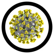 A plush toy in the shape of the COVID-19 virus with a predominantly red body and yellow spikes