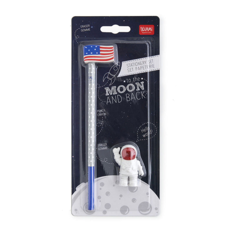 A stationery set packaged in a clear plastic case, including a silver HB pencil with an American flag eraser on top and another astronaut-shaped eraser, all decorated with space-themed graphics.